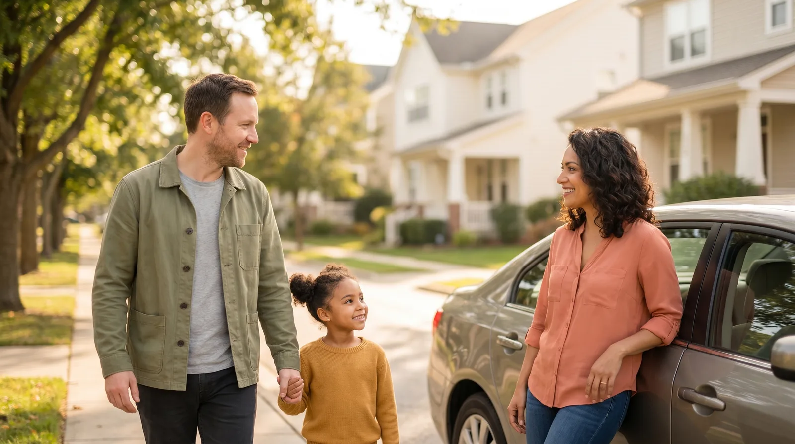 Two co-parents and their child during a calm, friendly handoff between homes