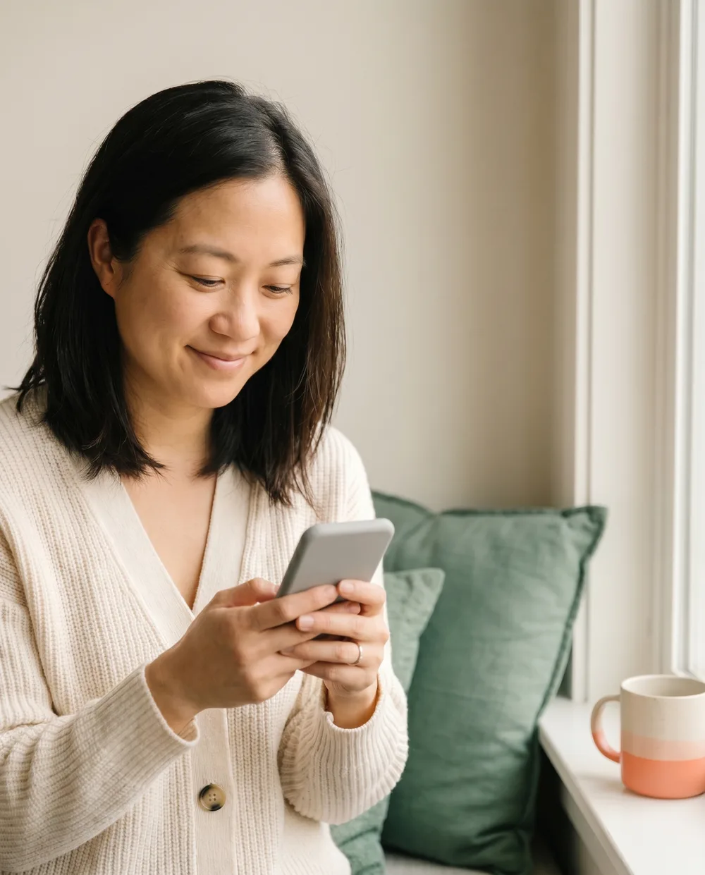 A parent calmly checking the day's family plan on their phone by a sunlit window