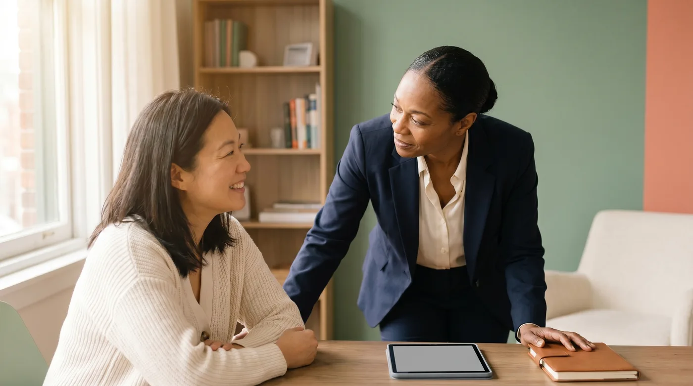 A family attorney reassuring a parent client while reviewing shared records
